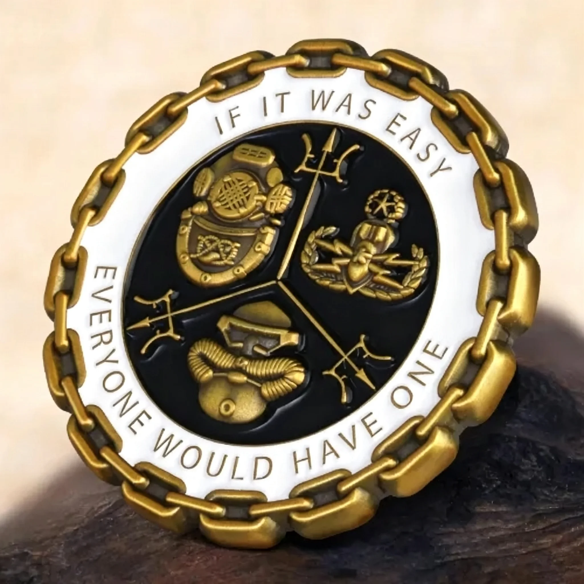 Diving and EOD challenge coin with gold chain edge