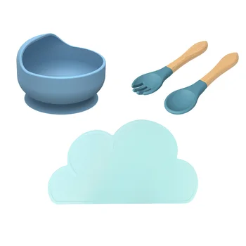 Baby Tableware Set Food Grade Soft Silicone Baby Feeding Set Bowl Spoon Fork And Dinner Mat For Toddlers