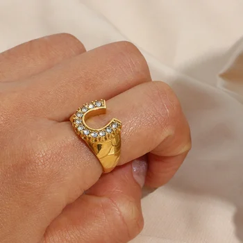 Shining Zircon U Shaped Horseshoe Ring Gold Plated Stainless Steel Ring Jewelry AAA Zircon Jewelry