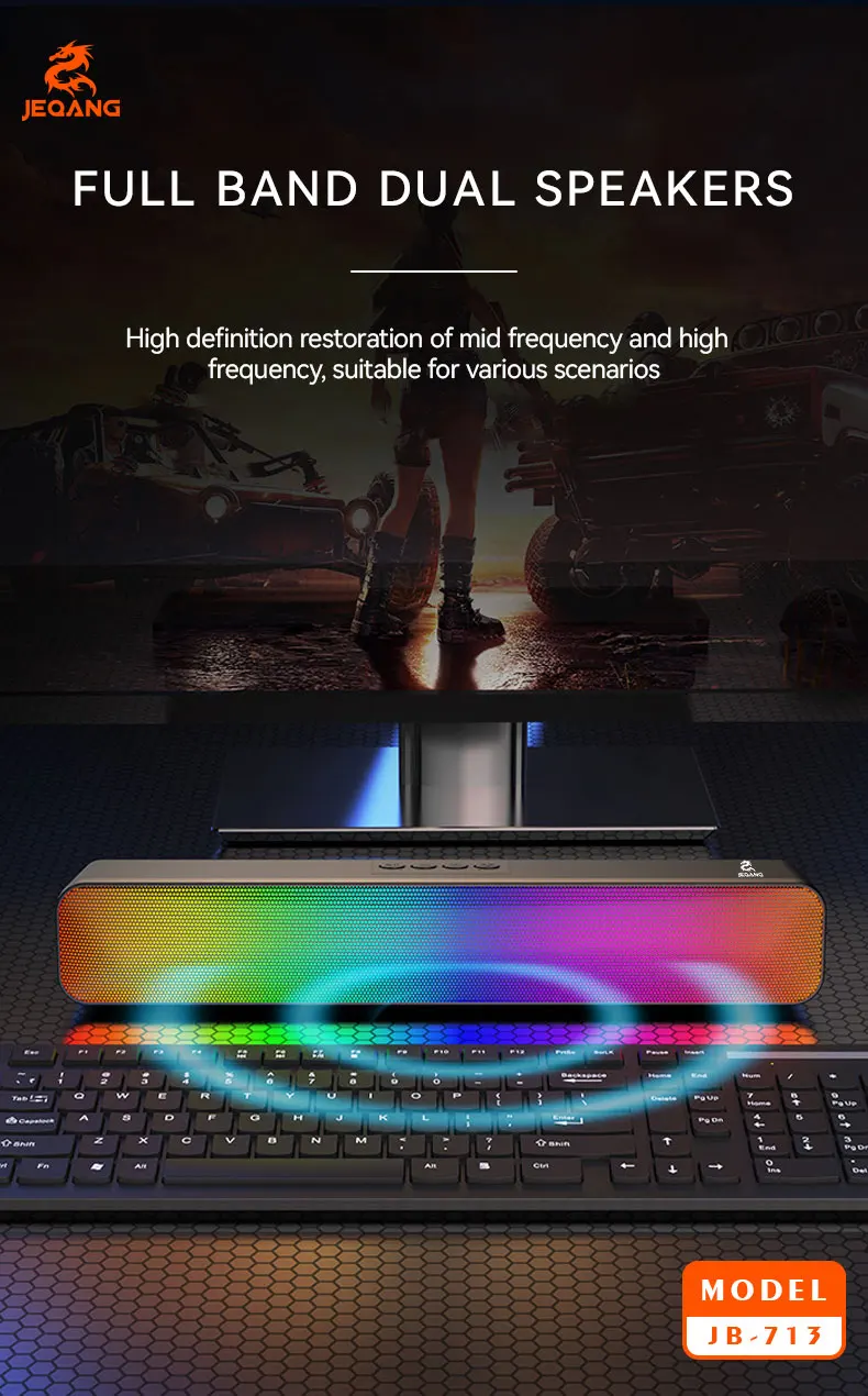 Jeqang JB-713 Modern Portable Wireless RGB Sound Bar Waterproof Computer Speakers USB Aux Communication Plastic for Outdoor Use