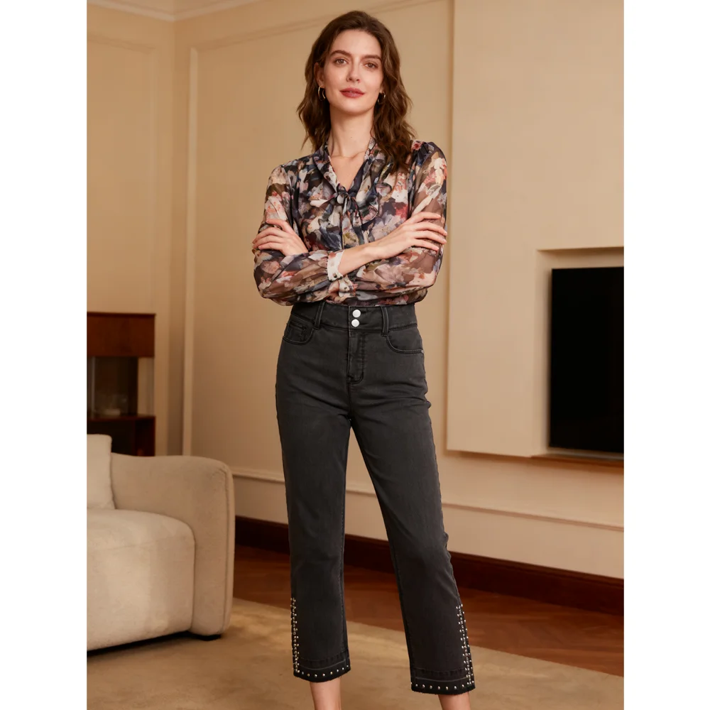 Women's High Waist Black Jeans with Studded Ankle Design Fashion Casual Slim Denim Pants