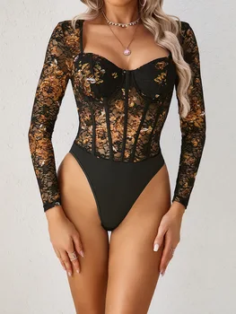 Pure Desire Women's Skinny Bodysuits Sexy Thin Long Sleeved Lace Jumpsuit Low Cut Collar Versatile Slimming Bottom Top Summer