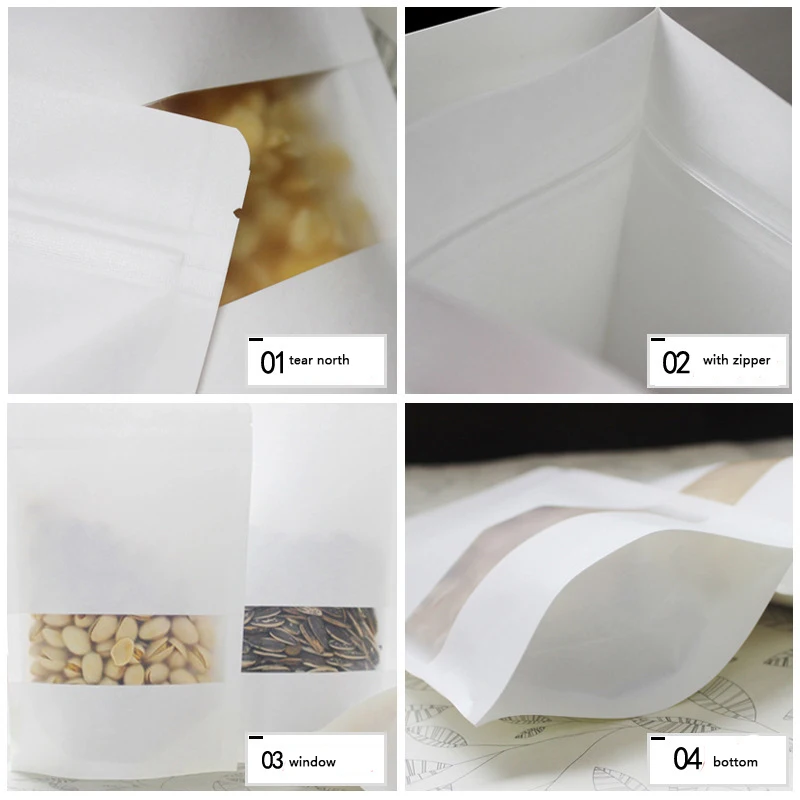In Stock  White Kraft Paper Resealable Zip Lock Packaging Bag Pouch With Window