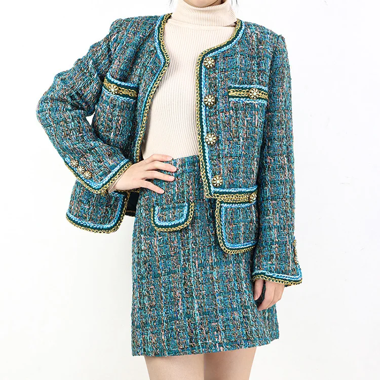 Factory price heavy woven women's jacket set high-waisted tweed two-piece women set