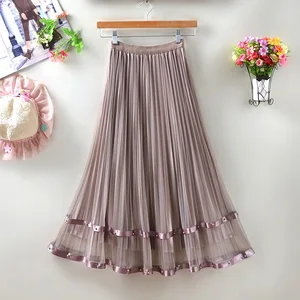 Vintage Summer Slimming Mesh Pleated Patchwork Ruffle Edge Waistline Spring/Summer Layered Bead Nonwoven Weaving Method
