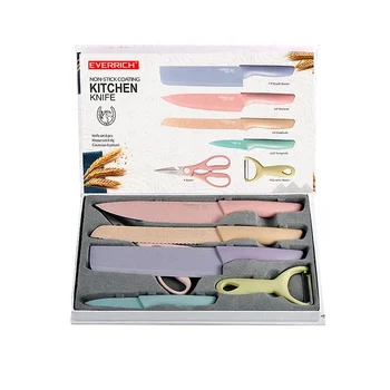 Wheat straw kitchen accessories colorful 6 pcs knife set stainless steel kitchen knife set
