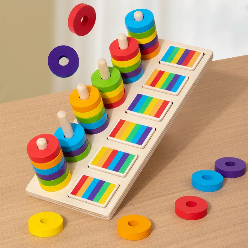 Rainbow Montessori Educational Early Childhood Stacking Blocks Toys Kindergarten Color Matching Rings Set Boards Wood CPC/EN71