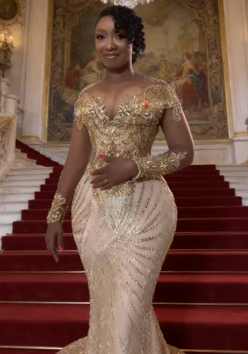 S0047Y Women's Luxury Gold Beaded Mermaid Evening Gown with Illusion  Neckline & Long Sleeves Wedding Dress