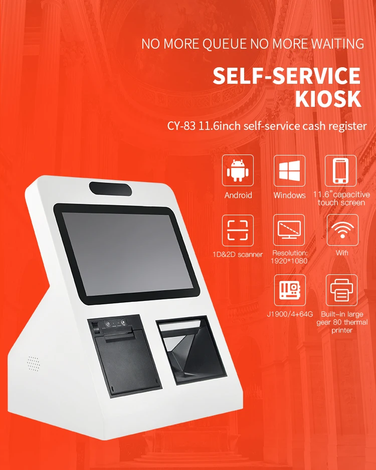 Self service cash register kiosk CY-83 Window Android optional self-service kiosk with printer scanner wifi