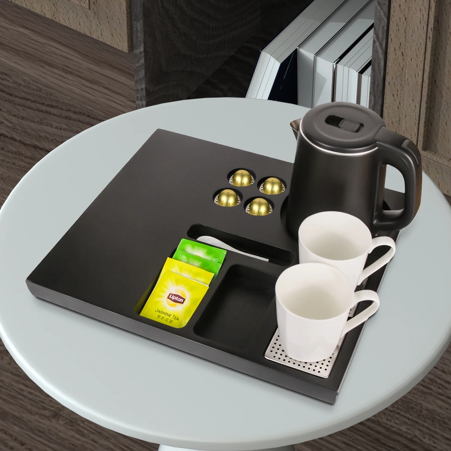 Hotel Electric Kettle Service Tray Set for Guest Room Kettle With Tray K Cup Coffee Pod Storage Tray