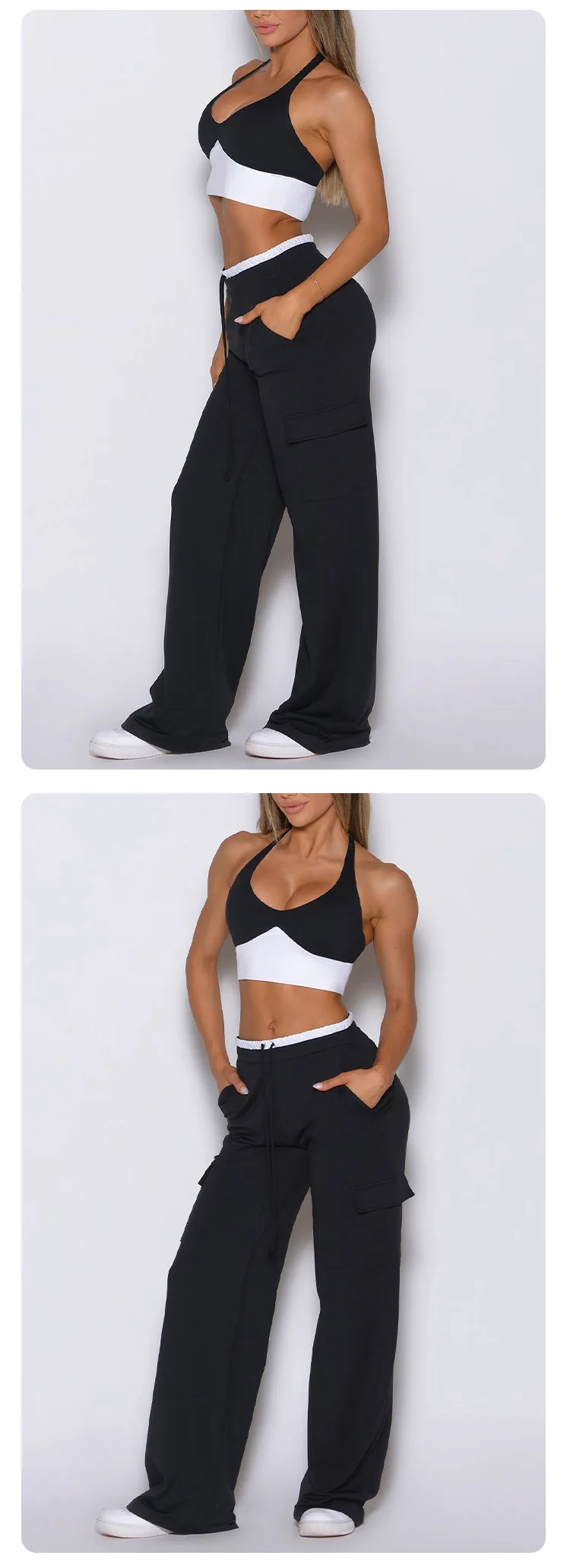 Women's Halter Yoga Set Backless Sports Bra Wide Leg Cargo Pants Two Piece Activewear — detail