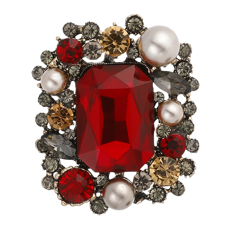 Broche Vintage Rubis Strass - Œil Antique, Métal Doré, Bon état