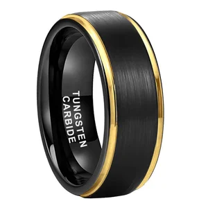 Coolstyle Jewelry 8mm Gold Black Wedding Band Tungsten Ring for Men Women Tow Tone Brushed Finish Stepped Edges Comfort Fit