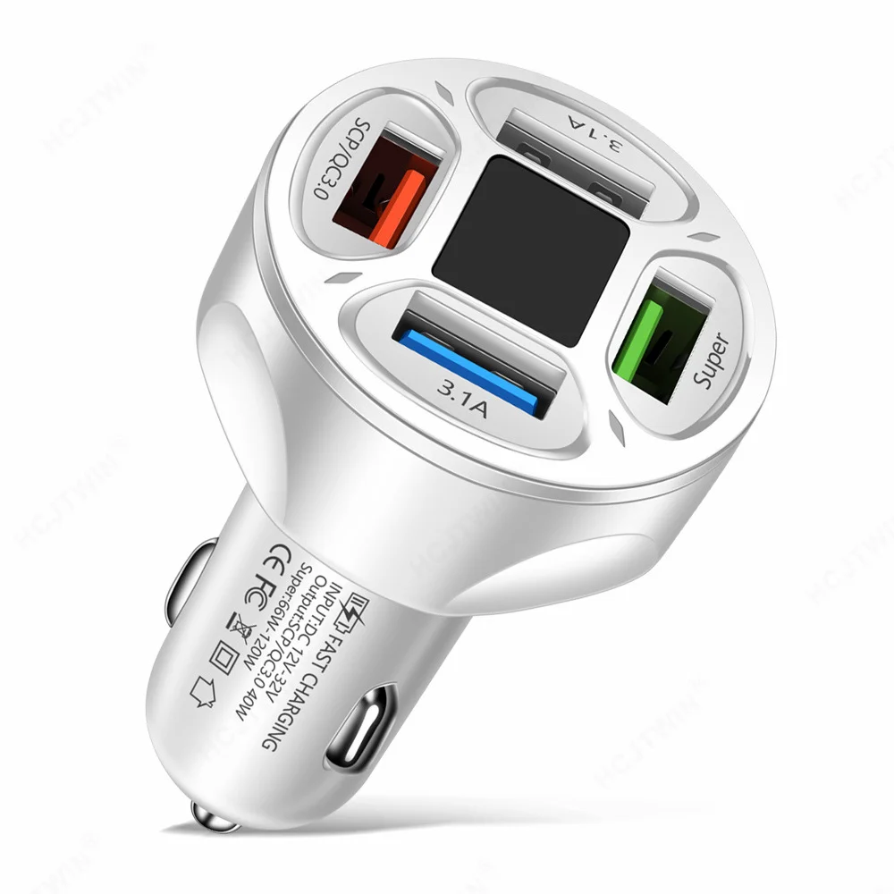 66W Digital Display Car Charger Adapter 4 USB Ports Fast Charger Quick Charge 3.0 Overcurrent OTG OLP USB Interface Car Charger