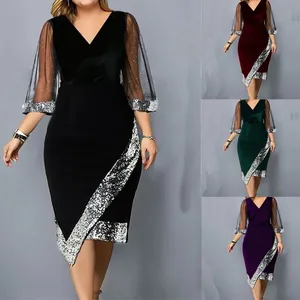 Summer Fashion Elegant Irregular Sequins Mesh Casual Dress for Women Sleeve V-neck Plus Size Women Party Casual Dress