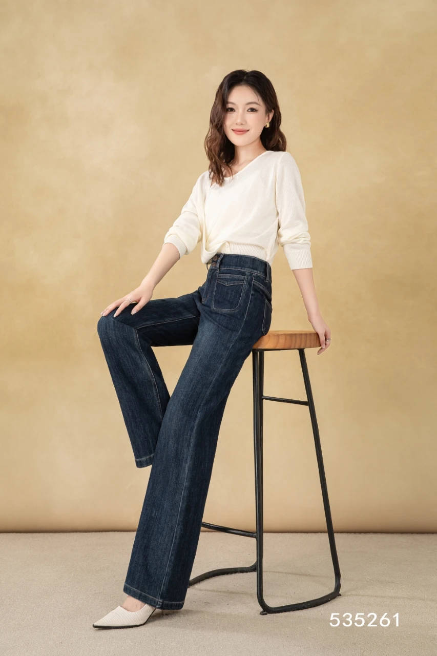 Vintage-Style Women's Dark Wash Straight Stretch Denim Pants Breathable and Washable Wide-Leg Simple Formal Wear