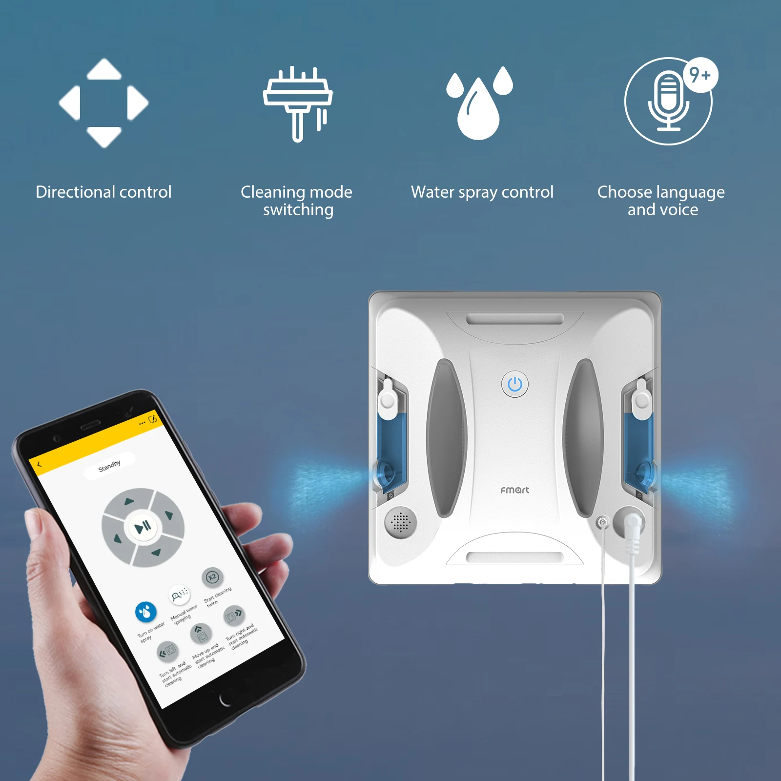 Fmart W6 Square 2025 Smart Electric Window Cleaner App Control Multiple Safety Protectors Remote Control for Household Windows