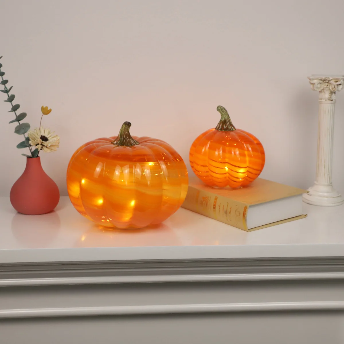 2024 halloween decorations mini artificial craft glass pumpkin with led light table accent for fall harvest decoration