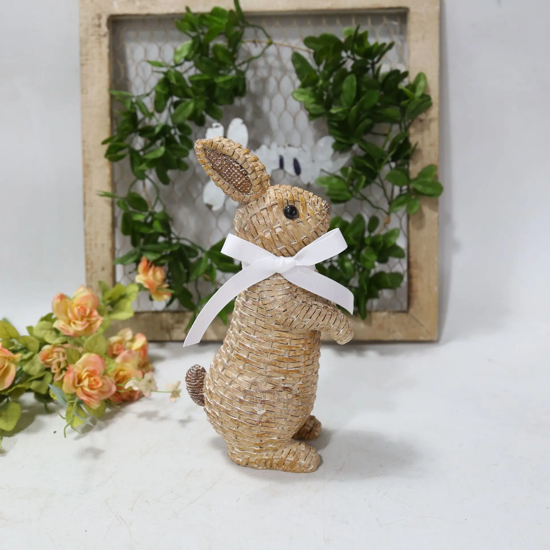 2024 Easter Small Rabbit Decoration Resin Natural Rattan Wicker Bunnies Statue Rabbit with White Bow Polyresin Home Decoration