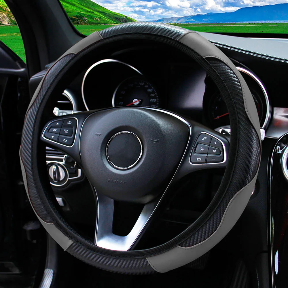Sports Style Car Steering Wheel Cover Breathable Anti-Slip PU Leather and Carbon Fiber Decoration Accessories