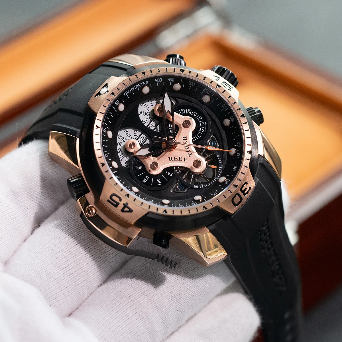 Reef Tiger Luxury Sport Watch for Men - Rose Gold, Blue Rubber 