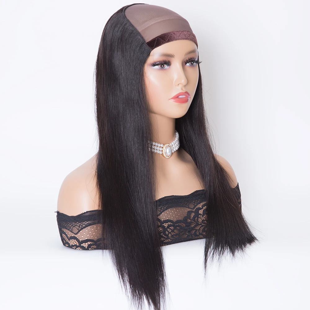 16 inch 150% density straight texture natural black color machine weft U-part Hat wig