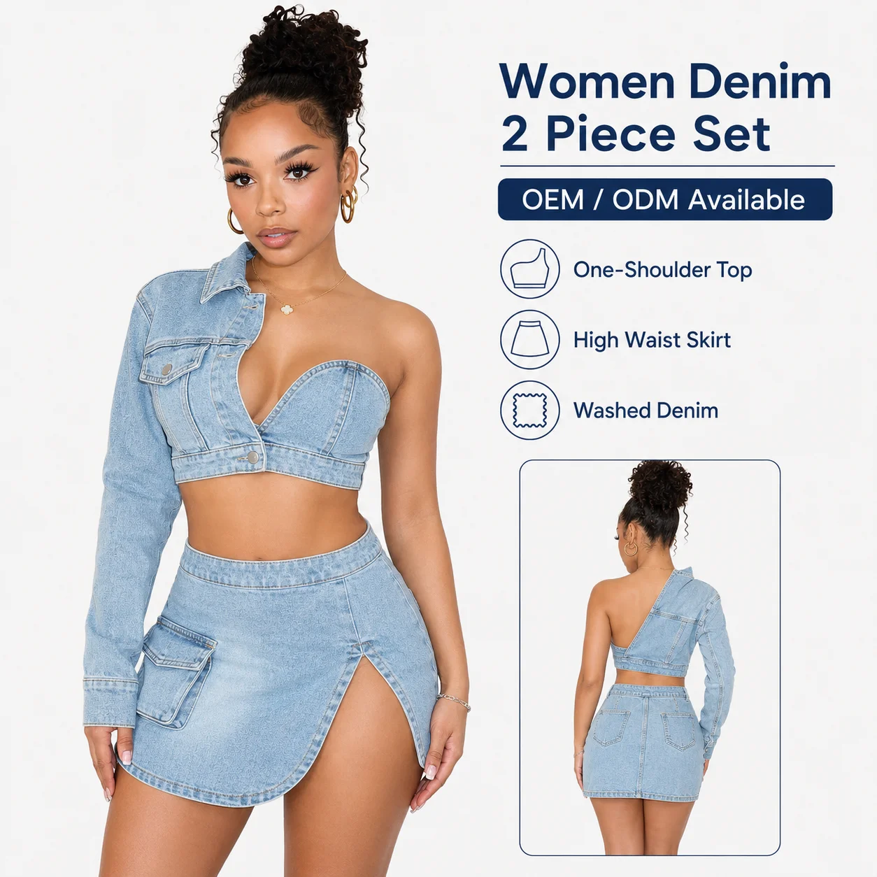 Women's Sexy Stretch Skinny Jean Mini Skirt Outfits Fashion Asymmetry Jacket Bra Top with Denim Slit Skirt Casual 2-Piece Set