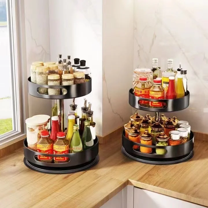Kitchen Carbon Steel Multi-Functional Corner Storage Rack Rotatable Spice Shelf Special Oil Salt Sauce Vinegar Seasoning Box