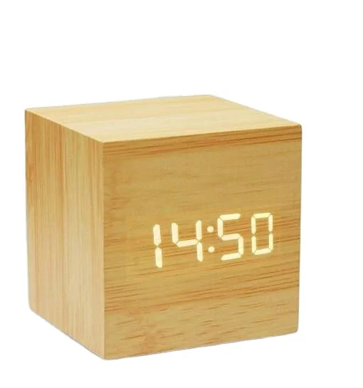 Free Shipping Mini Cube Wooden Clock Voice Control Electronic Desk Clock with LED Digital Table Watch Snooze Cute Alarm Clock Fo