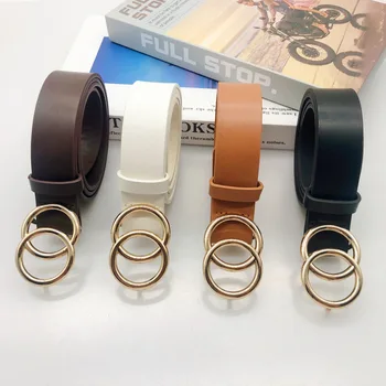 Creative Women's Retro Decorative Double round Buckle Wide PU Belt for Casual Jeans Pants Alloy Material