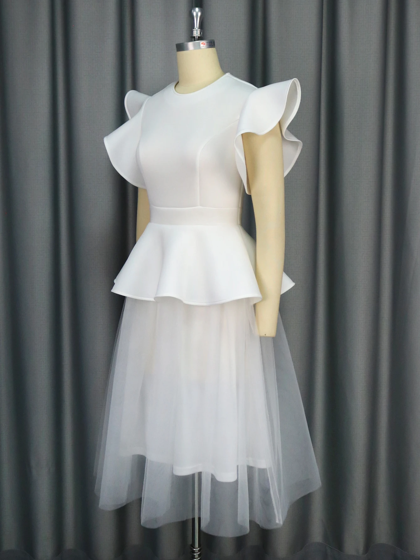 AM041119 Ruffle Sleeve a Line Peplum Stretch Loose Tulle Summer Casual  White Dress Girls