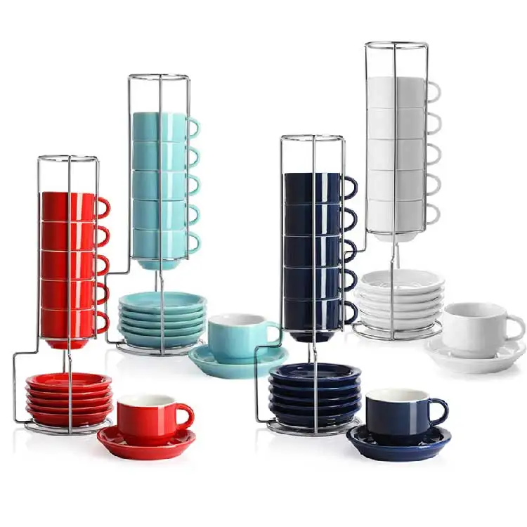 Custom Logo Ceramic Coffee Cup Set Print Porcelain Stackable Espresso Cups with Saucers and Metal Stand