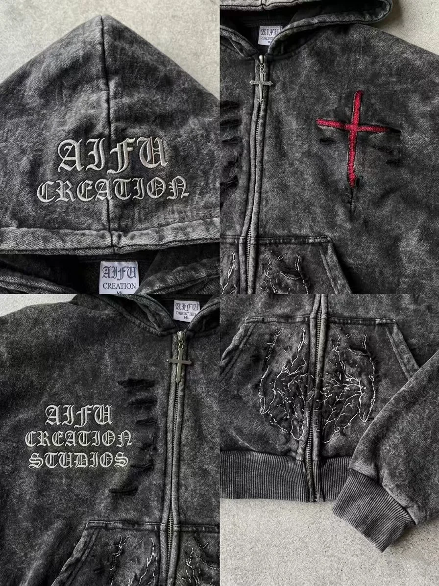 Custom Opium Aesthetic Hoodie Acid Wash Distressed Cross