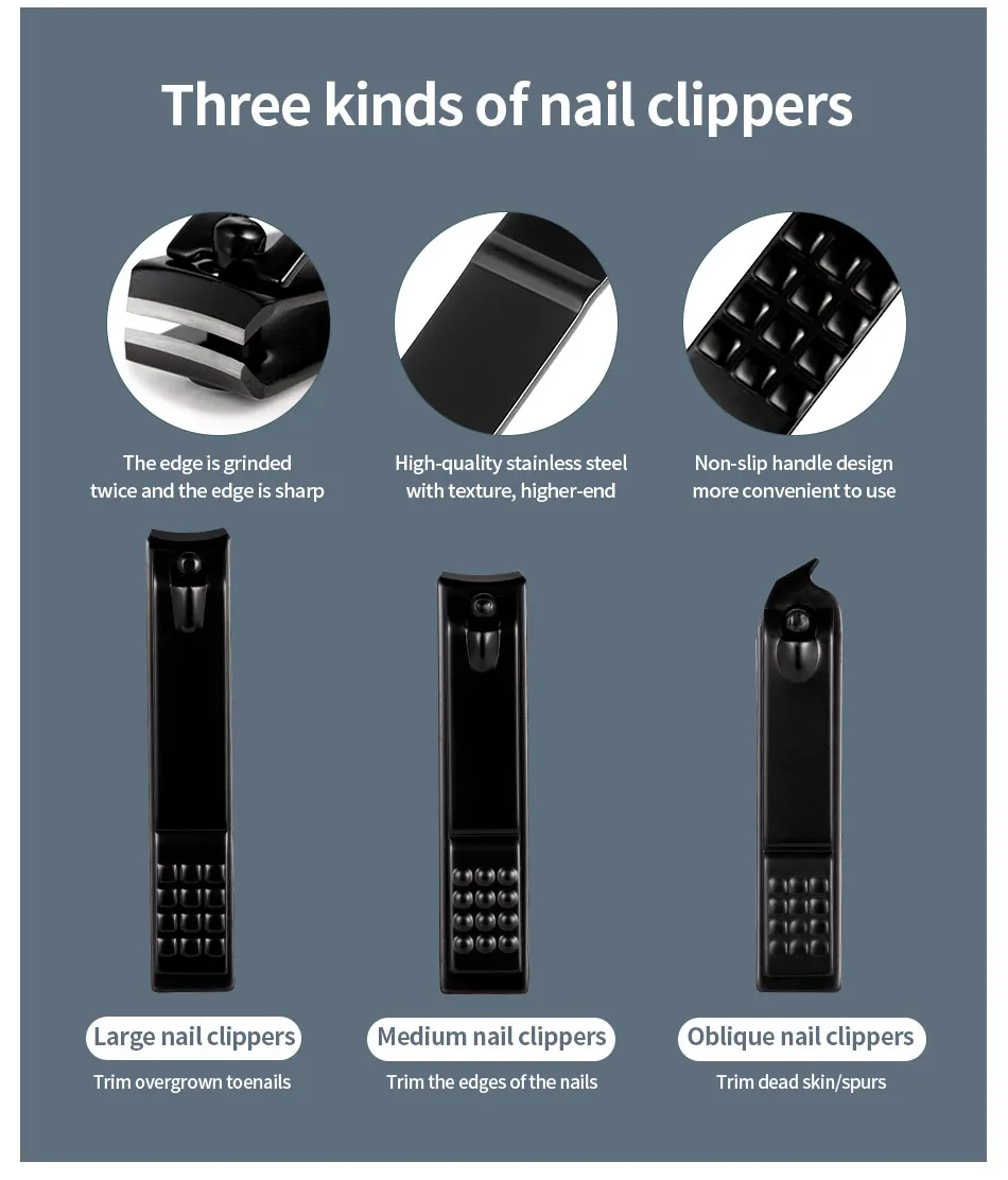 Black 18 16 12 10 7pcs Nail Clipper Set Professional Portable Remover ...