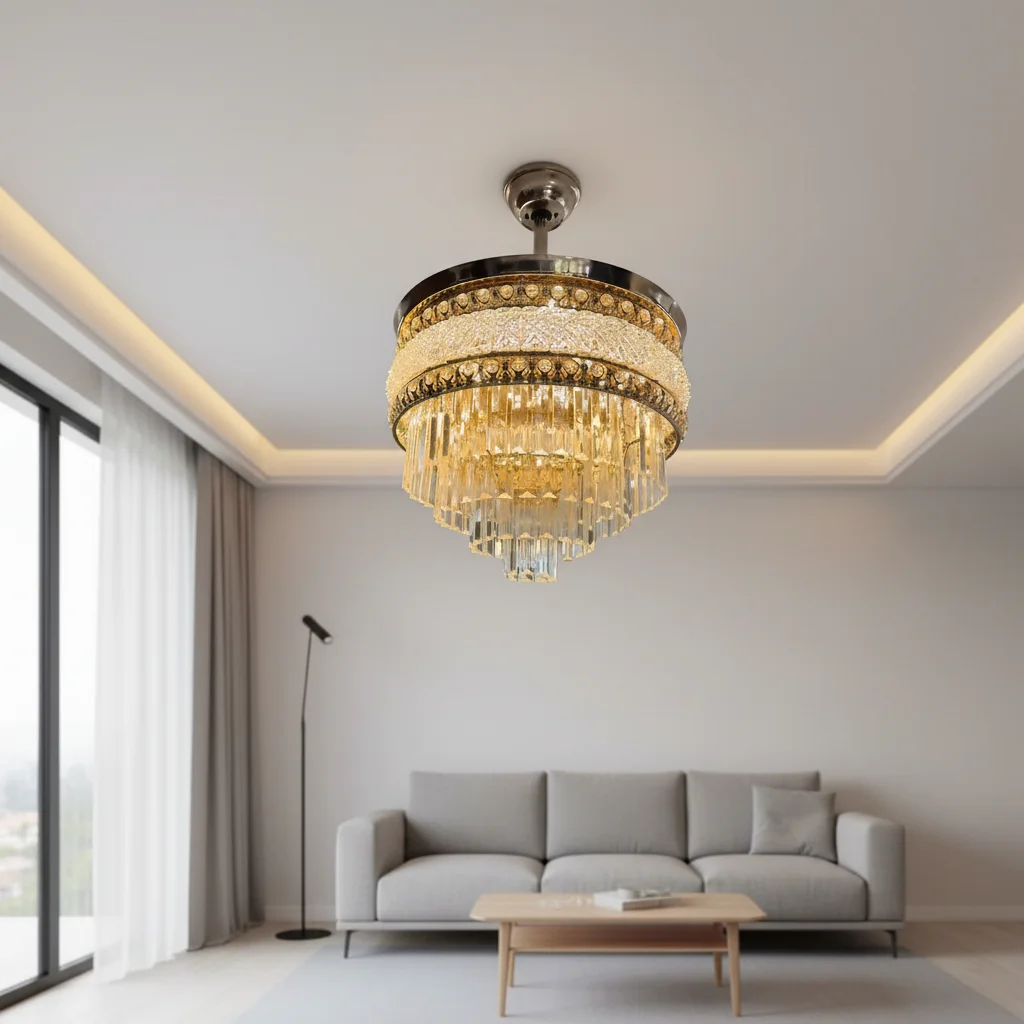 Crystal Ceiling Fan Light Fixture Fandelier with Remote DC Motor 6 Speed Reversible LED Indoor Decorative Lighting Home Hotel