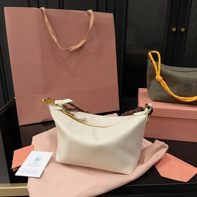 Womens 2025 New Style Rope-Knot Dual Shoulder Straps Hobo Canvas Lunch Bag Surf-Style Polyester Zipper Closure 18x14cm