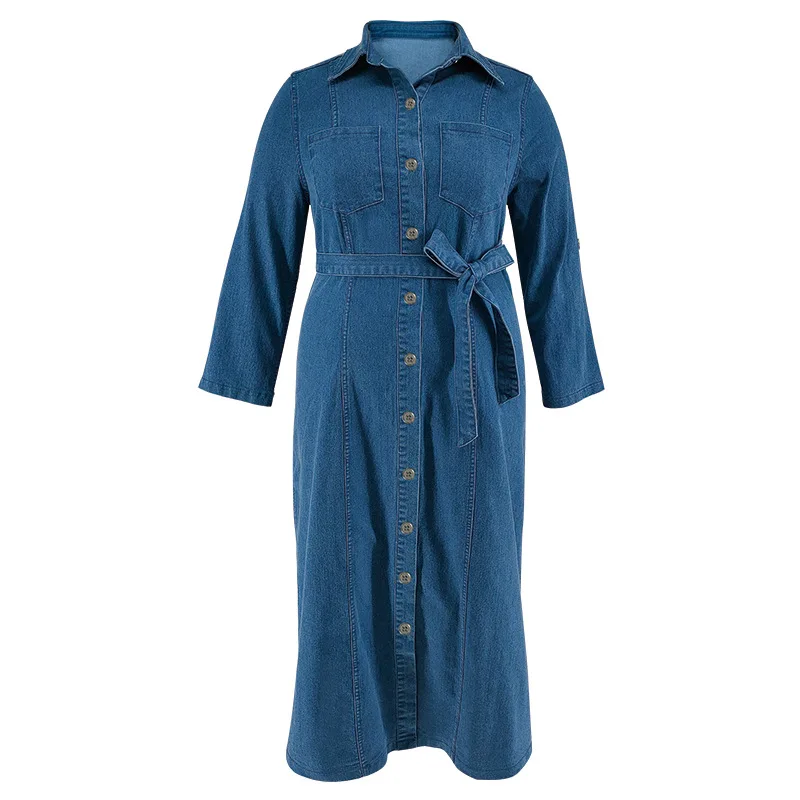 Y218602 High Quality Plus Size Denim Dresses Women Casual Turn-Down Collar Long Sleeve Tied Mid Fall Jeans Dresses for Ladies Y218602 High Quality Plus Size Denim Dresses Women Casual Turn-Down Collar Long Sleeve Tied Mid Fall Jeans Dresses for Ladies