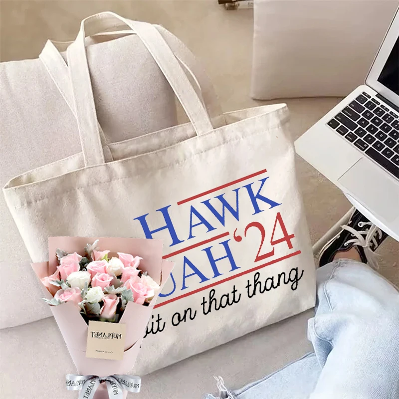 1pc Hawk Tuah Spit on That 2024 Pattern Tote Canvas Personalized Shoulder Bag for Travel Women's Reusable Shopping Bag
