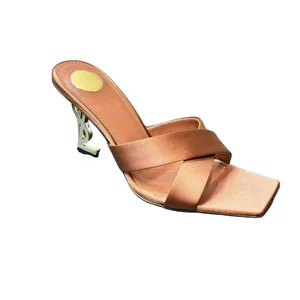 Women's Summer Fashion Sexy Open Toe High Heels 25 New High Set Cross Strap Metal Silk Slippers Thin Height Increasing Heels