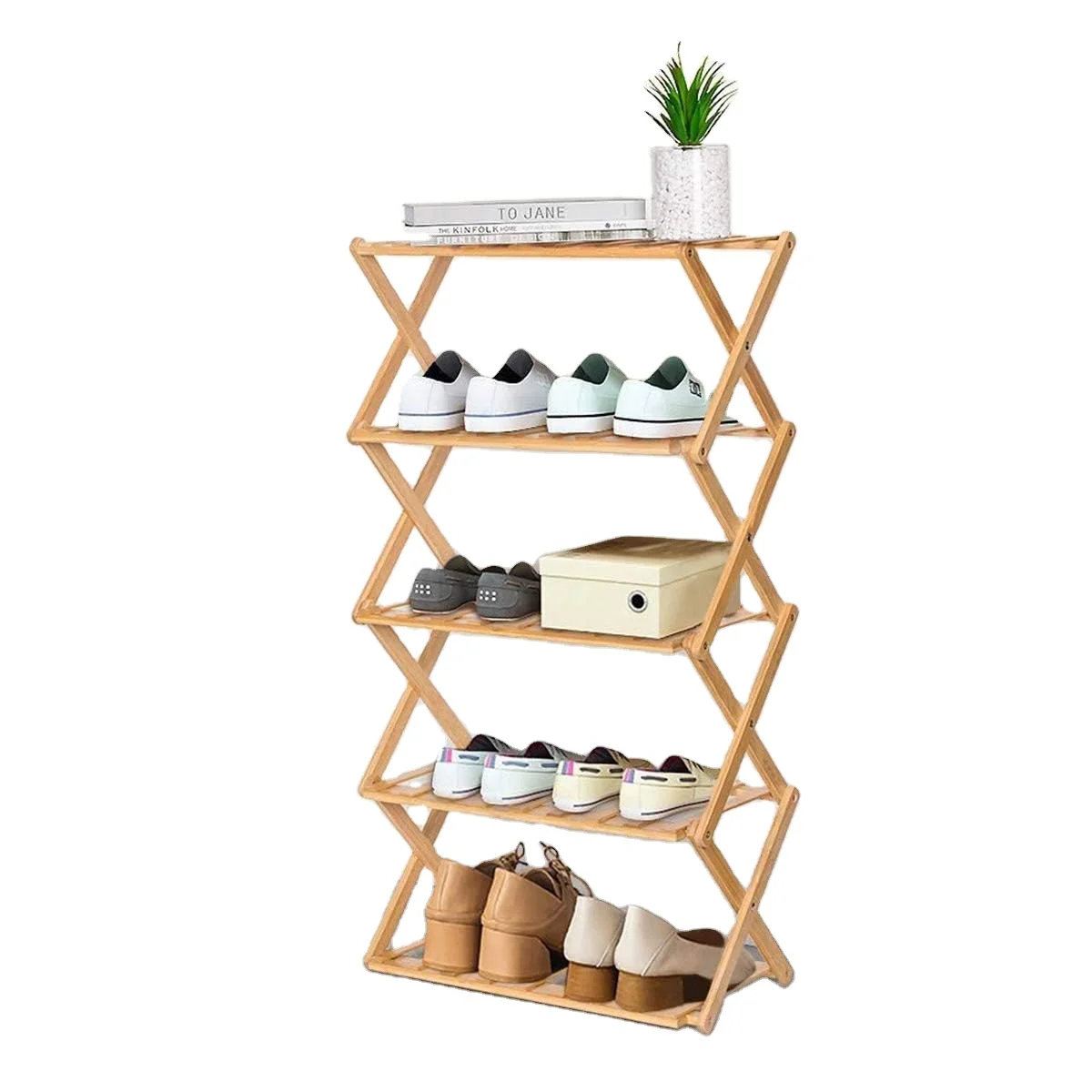 Bamboo Foldable 5-Tier Shoe Rack X-Shaped Storage Shelf for Entryway Closet Multifunctional Organizer for Shoes Bags Plants