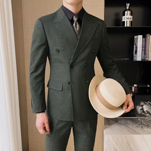 High-End Men's Double-Breasted Slim-Fit Suit with Double-Rolled Collar Formal Viscose Zipper Plus Size for Business Wedding