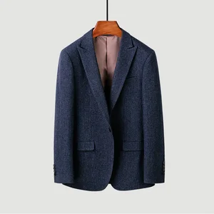 2026 New Men's 50% Wool Navy Blue Herringbone Slim Business Single Breasted High Quality Suit Jacket for Men