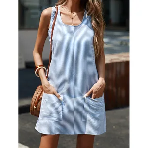 Striped Digital Printing Sleeveless Pullover Dress with Button Detail Natural Waist Worsted Fabric Summer Casual Shirt Dress