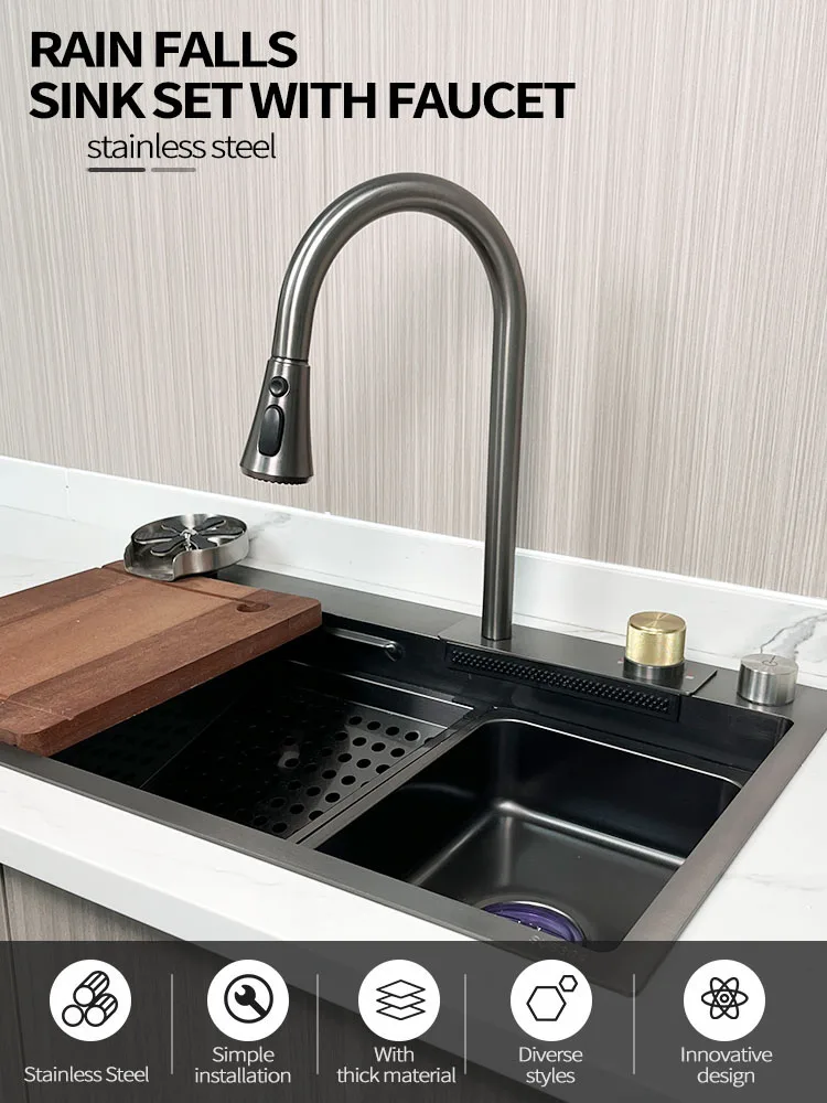 30 Inch Single Bowl Tiktok Trends Metal Grey Stainless Steel Kitchen Sink With Rainfall Faucet