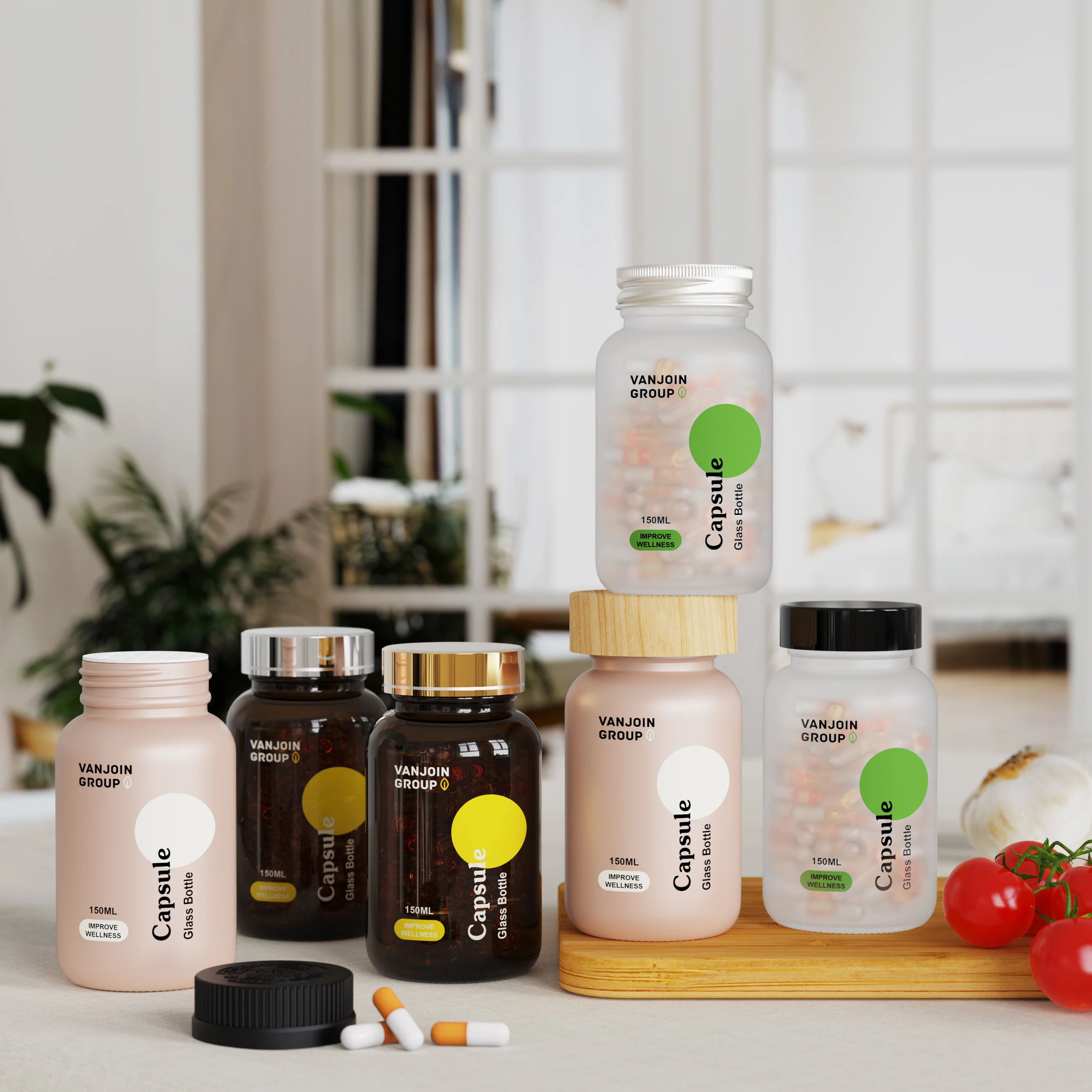 100ml 150ml 200ml 250ml Customized Clear Frosted Pharmaceutical Capsule Medicine Pill Empty Glass Bottles With Wood Lid and Seal