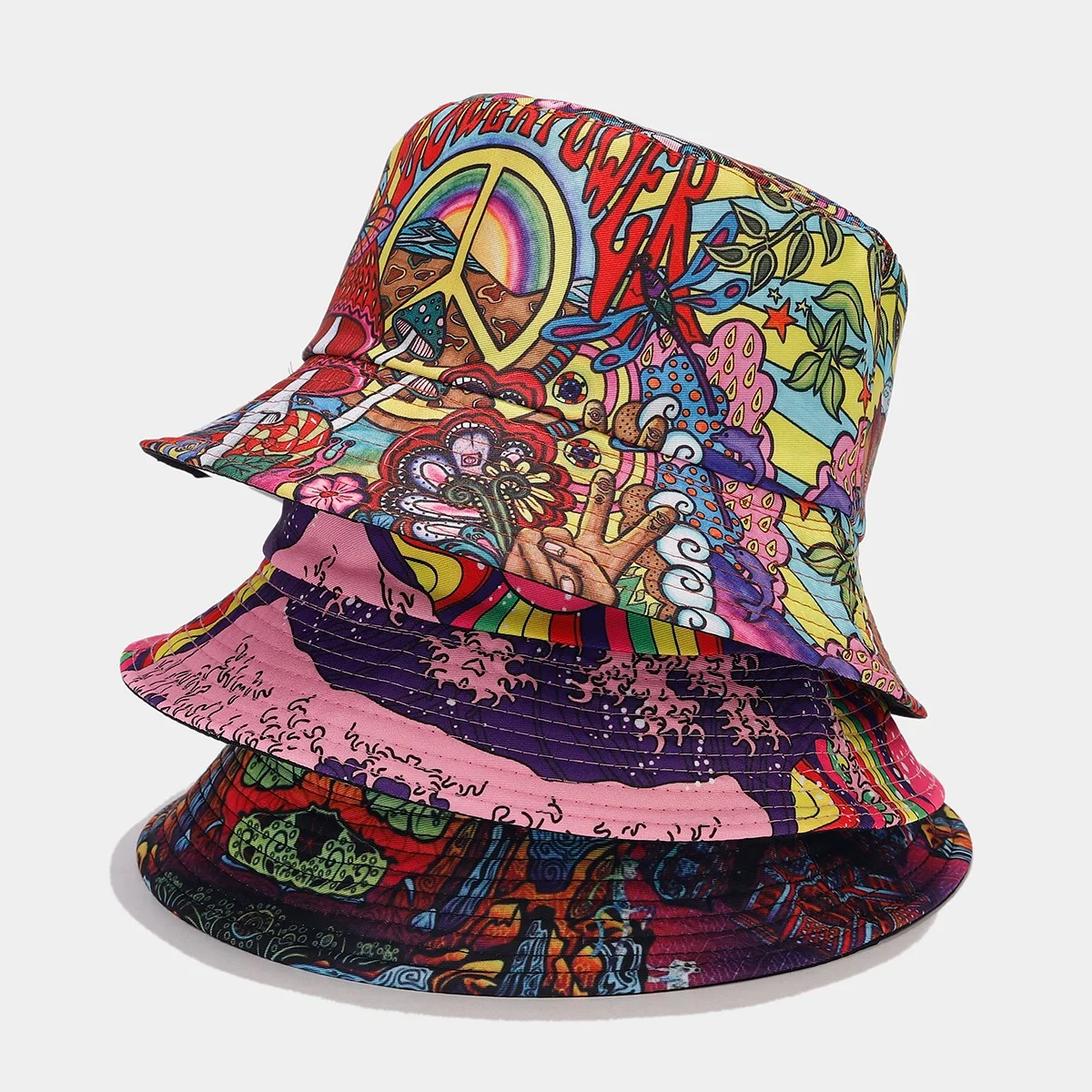 European American Fashion Retro Graffiti Double Sided Wearing Bucket Hat  Women Travel Sun Men Party Hip Hop Designer Bucket Hat