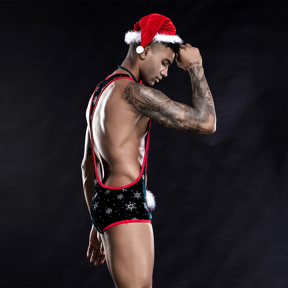 Three Pieces Hot Red Velvet Jumpsuit Sexy Christmas Lingerie for Men Christmas Party Wear