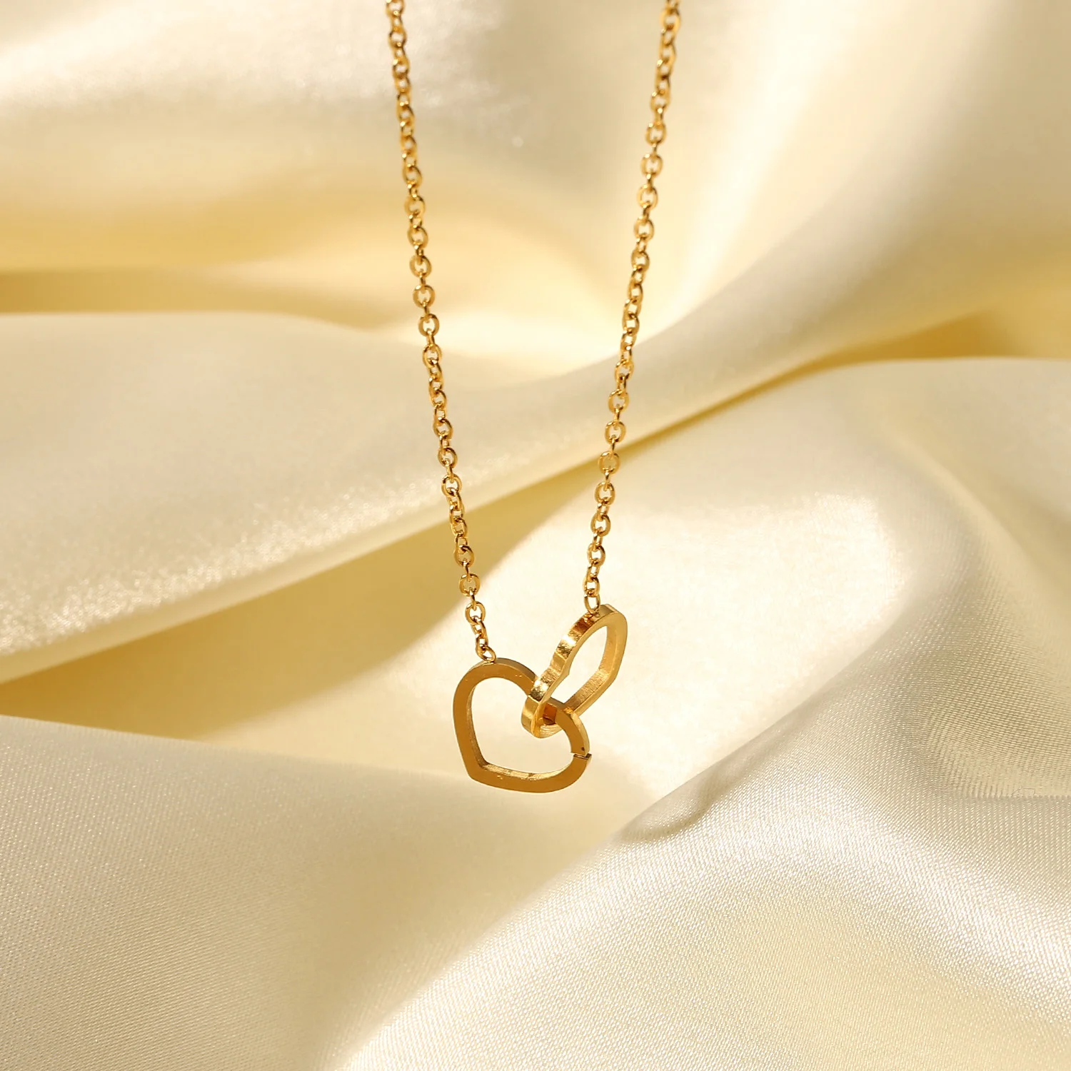 Romantic Gift Stainless Steel 18k Gold-plated Thin Chain Double Heart ...