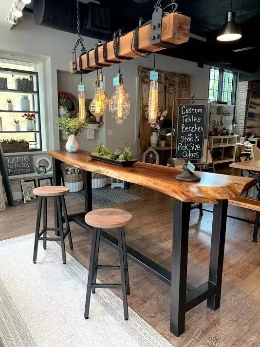 High End Vintage Industrial Retro Latest Design Fashionable Long Restaurant Island Kitchen Wood Slab High Bar Table