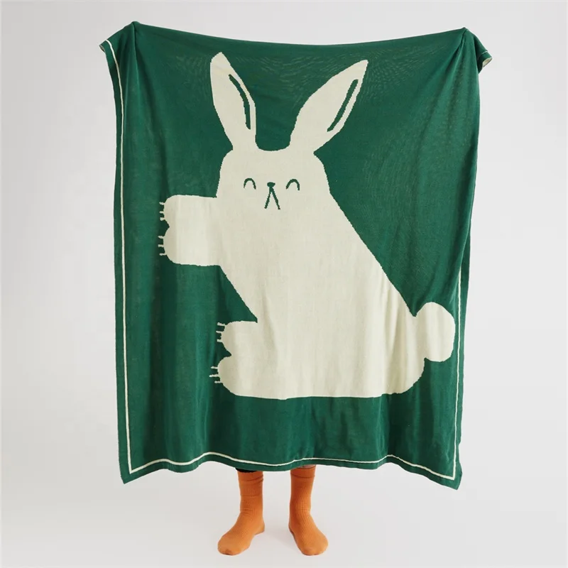 100% pure cotton  Jacquard big rabbit  knitted throw blanket  for sofa